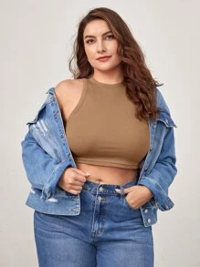 SHEIN BASICS Top De Tanque Corto Sólido Para Tallas Grandes - Marrón - Ver 3