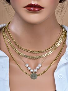 Faux Pearl Decor Layered Chain Necklace - Multicolor - View 1
