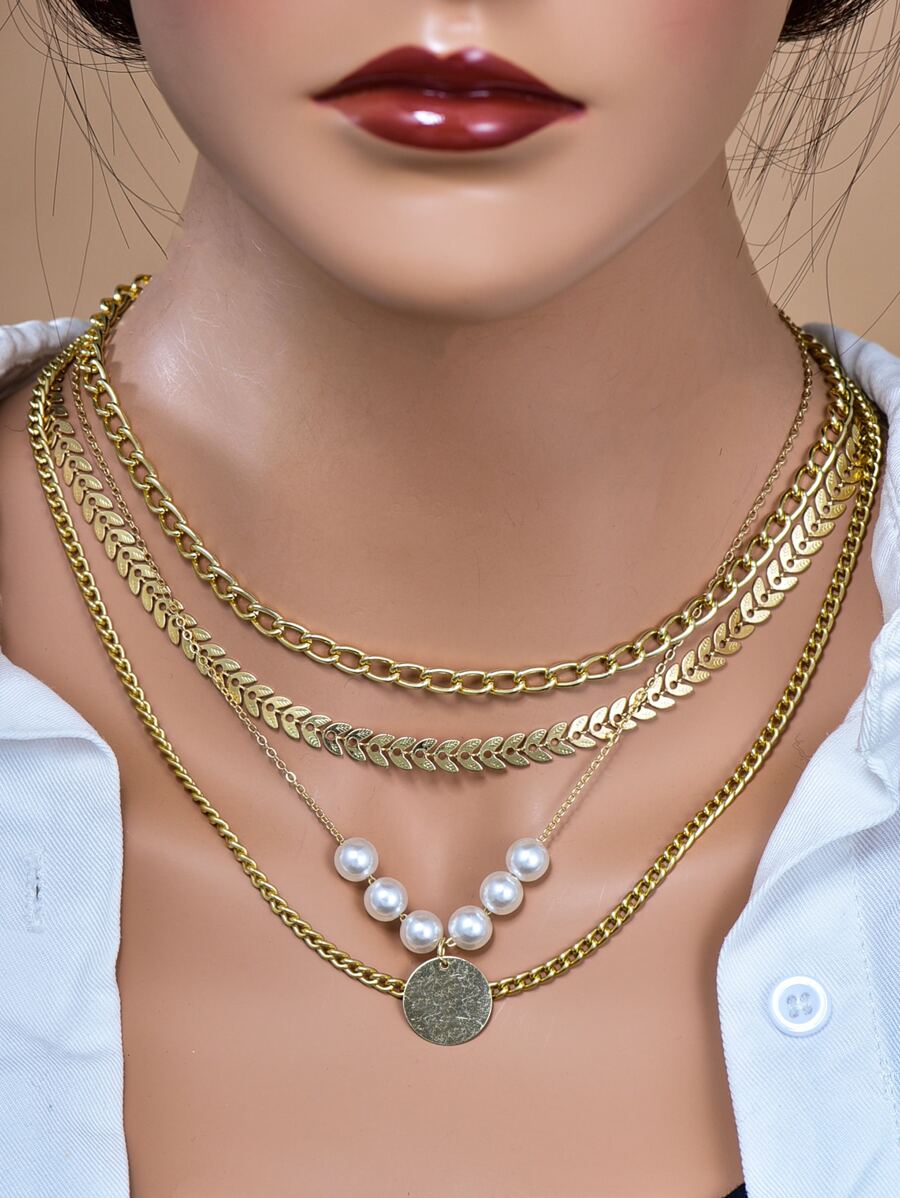 Faux Pearl Decor Layered Chain Necklace - Multicolor - View 1