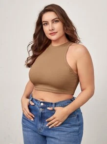 SHEIN BASICS Top De Tanque Corto Sólido Para Tallas Grandes - Marrón - Ver 4