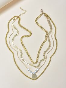 Faux Pearl Decor Layered Chain Necklace - Multicolor - View 2