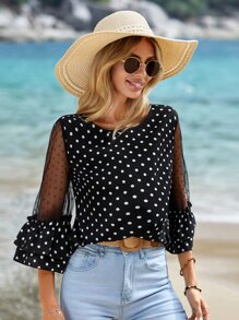 SHEIN Clasi Polka Dot Print Contrast Mesh Flounce Sleeve Blouse