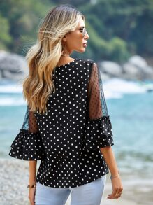 SHEIN Clasi Polka Dot Print Contrast Mesh Flounce Sleeve Blouse