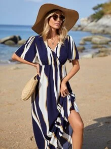 SHEIN VCAY 撞色交疊領A字洋裝