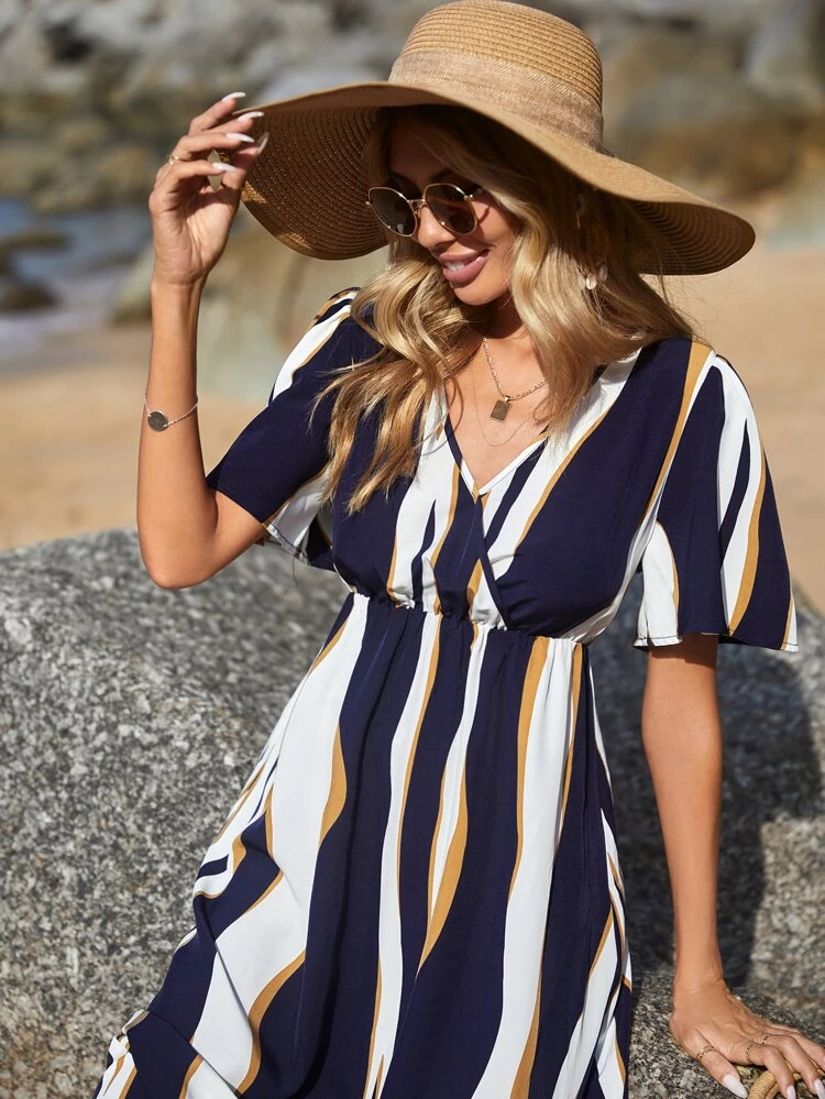 Colorblock Surplice Neck A-line Dress