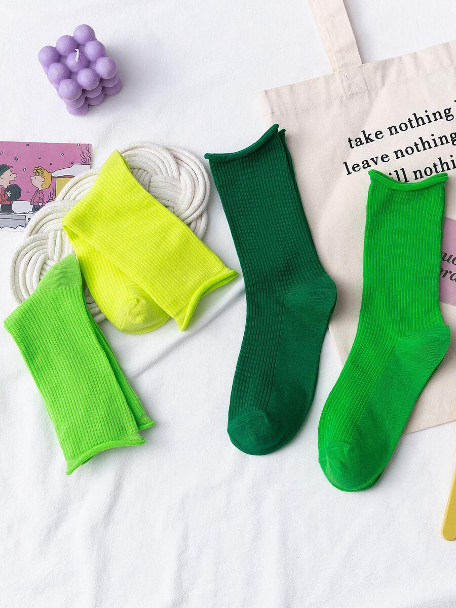 4 pares Calcetines de tripulación unicolor - Verde - Ver 1