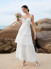 SHEIN Belle Váy cưới Tương phản ren viền lá sen Viên lá sen phân lớp Dây kéo màu trơn - trắng - Xem 2