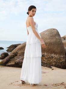 SHEIN Belle Váy cưới Tương phản ren viền lá sen Viên lá sen phân lớp Dây kéo màu trơn - trắng - Xem 3