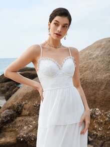SHEIN Belle Váy cưới Tương phản ren viền lá sen Viên lá sen phân lớp Dây kéo màu trơn - trắng - Xem 5