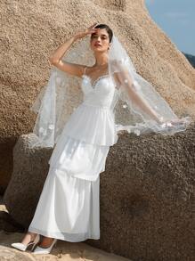 SHEIN Belle Váy cưới Tương phản ren viền lá sen Viên lá sen phân lớp Dây kéo màu trơn - trắng - Xem 6