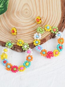 隨機色串珠花朵裝飾耳墜 - 彩色 - 查看 1