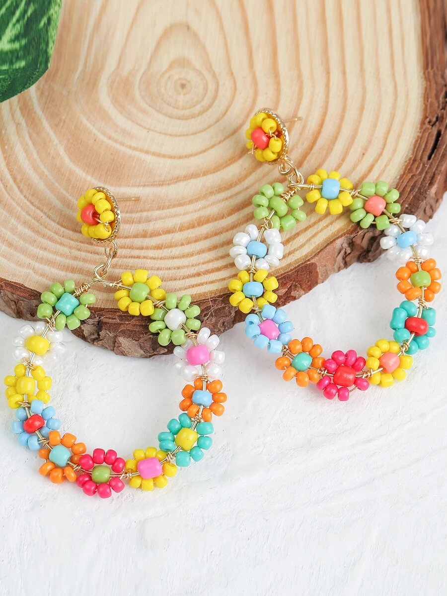 隨機色串珠花朵裝飾耳墜 - 彩色 - 查看 1