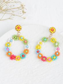 隨機色串珠花朵裝飾耳墜 - 彩色 - 查看 2