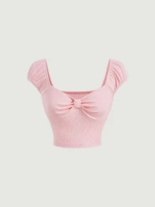 SHEIN MOD 素色胸部褶皺短款T恤 - 淺粉色 - 查看 1