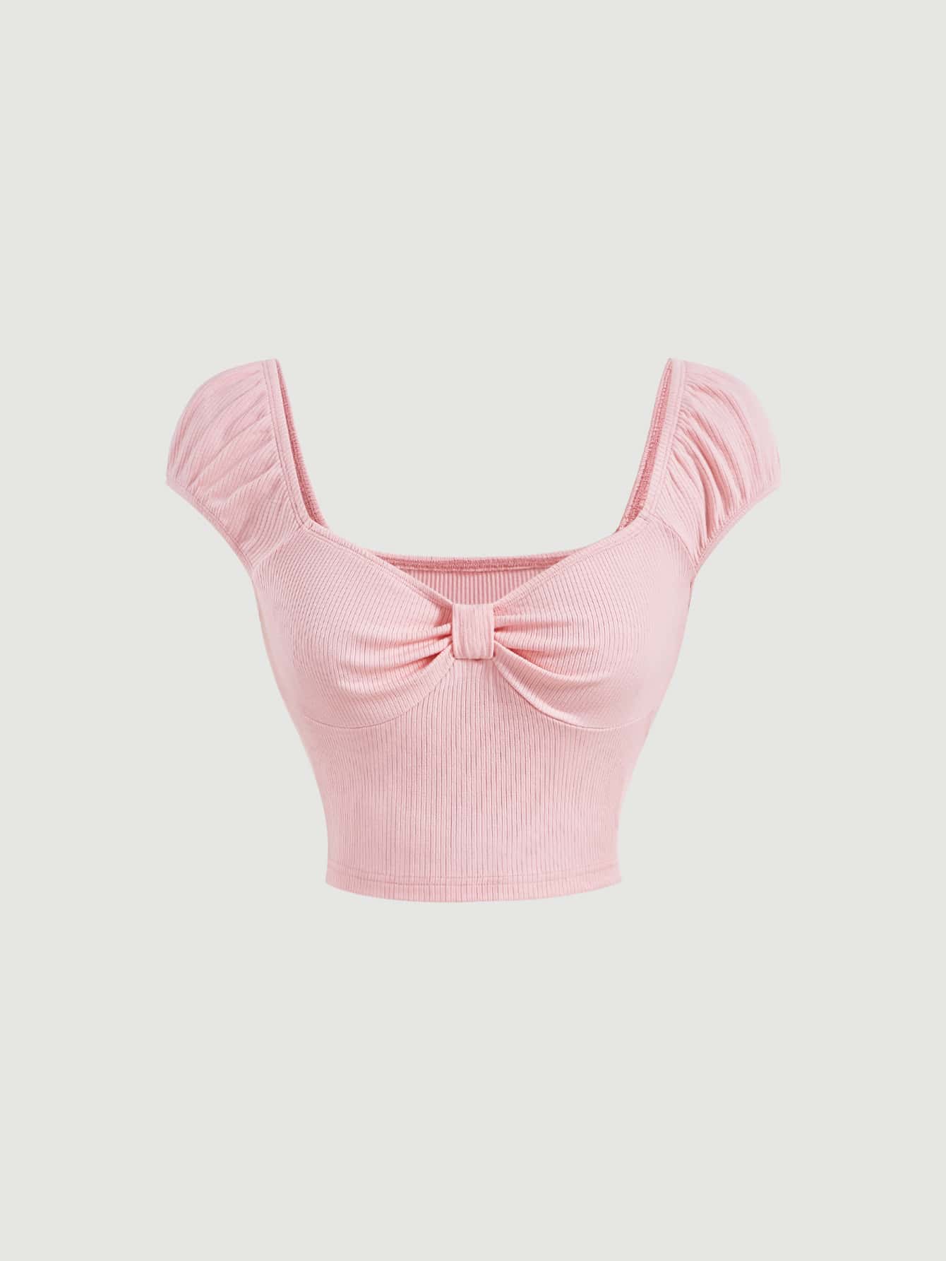 SHEIN MOD 無地柄 シャーリングバスト クロップシャツ - ベビーピンク - 見る 1