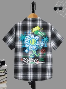SHEIN 男孩格紋和字母圖案襯衫