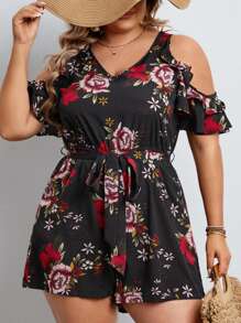 SHEIN Clasi Plus Floral Print Cold Shoulder Belted Romper - Multicolor - View 2