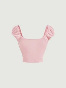 SHEIN MOD 素色胸部褶皺短款T恤 - 淺粉色 - 查看 2