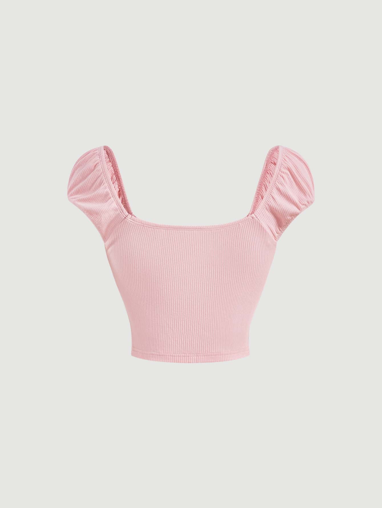 SHEIN MOD 無地柄 シャーリングバスト クロップシャツ - ベビーピンク - 見る 2