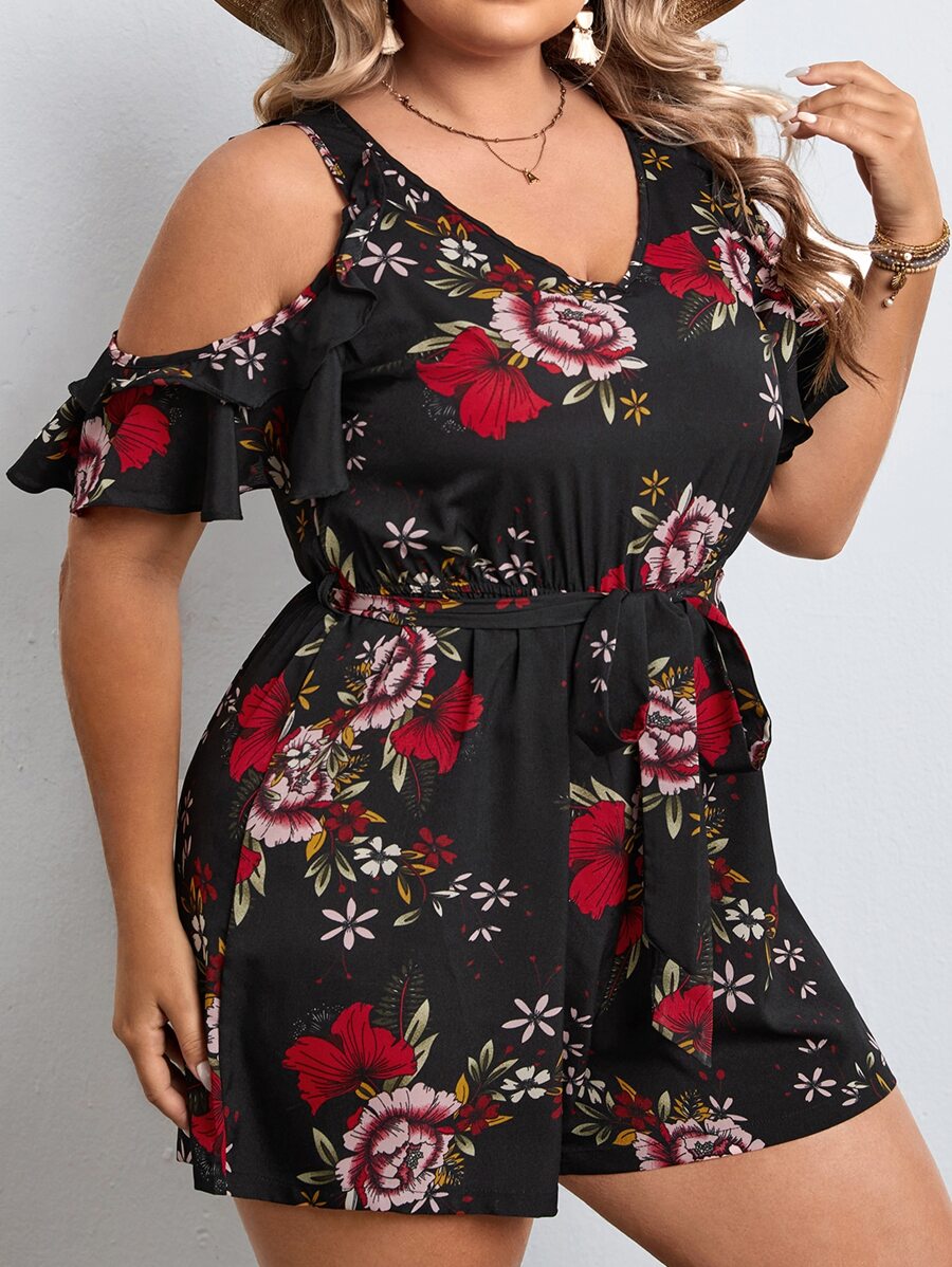 SHEIN Clasi Plus Floral Print Cold Shoulder Belted Romper - Multicolor - View 1