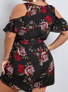 SHEIN Clasi Plus Floral Print Cold Shoulder Belted Romper - Multicolor - View 10