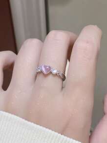 CVNANA 1 件 Y2k 风格猫眼石和方晶锆石装饰心形铜戒指，适合女士，生日礼物情人节、妈妈、母亲、母亲节、礼物