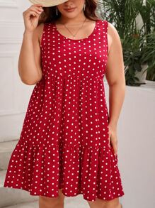 SHEIN VCAY Đầm Plus Size Viên lá sen Chấm bi Dễ thương - Đỏ - Xem 2