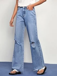 BizChic Ripped Raw Hem Wide Leg Jeans - Light Wash - View 7