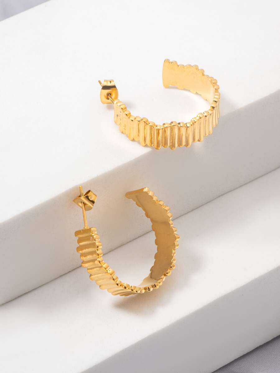 1對時尚不銹鋼紋理質感開口耳環適合女士日常裝飾 - 金黃色 - 查看 1