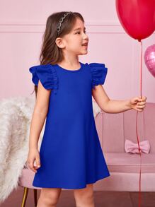 Váy chữ A thông thường màu trơn dành cho cô gái trẻ có viền xếp nếp - Màu xanh lam - Xem 3