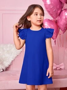 Váy chữ A thông thường màu trơn dành cho cô gái trẻ có viền xếp nếp - Màu xanh lam - Xem 6