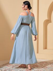 Modelyn Halter Neck Lantern Sleeve Dress - Baby Blue - View 3