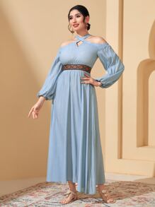 Modelyn Halter Neck Lantern Sleeve Dress - Baby Blue - View 1