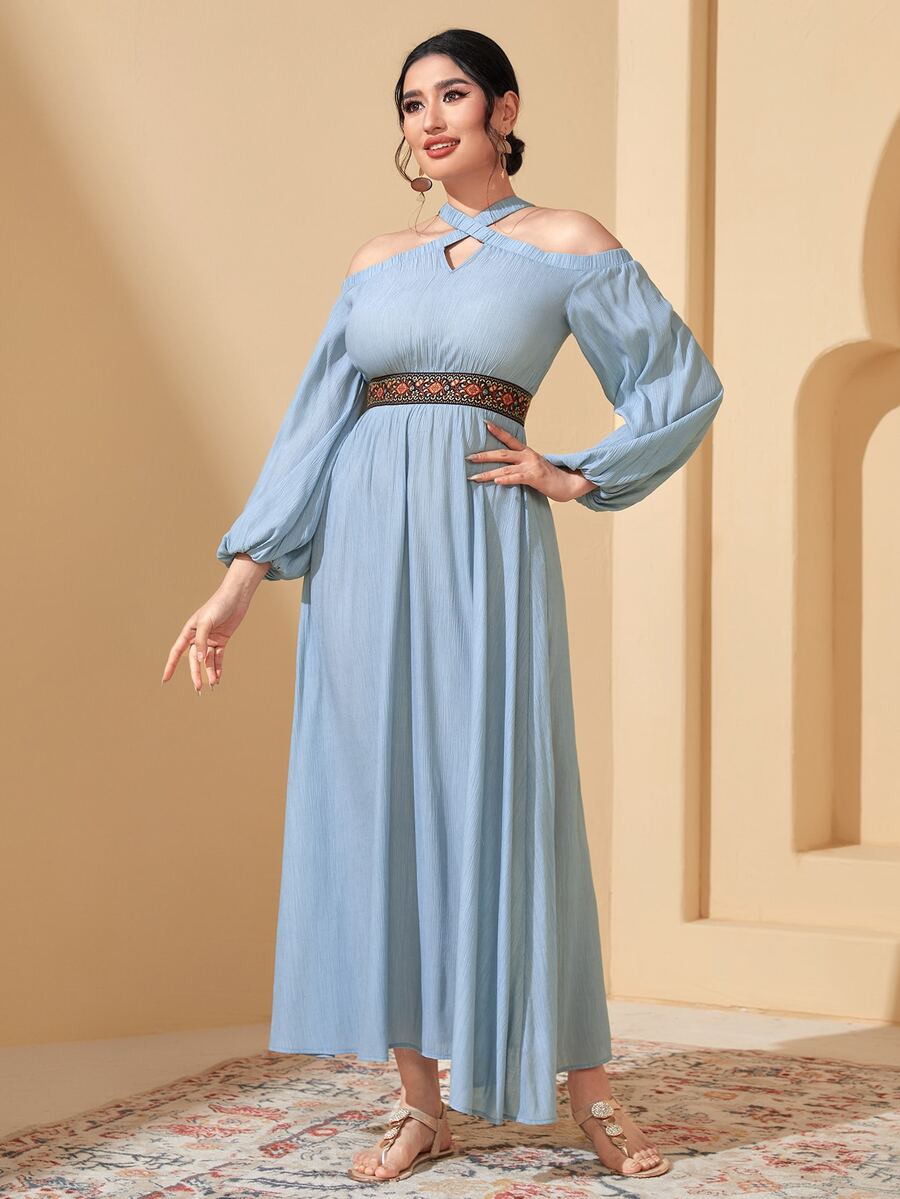 Modelyn Halter Neck Lantern Sleeve Dress - Baby Blue - View 1