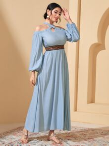 Modelyn Halter Neck Lantern Sleeve Dress - Baby Blue - View 4