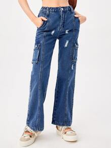SHEIN Teen Girls Ripped Flap Pocket Cargo Jeans - Dark Wash - View 1