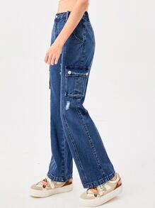 SHEIN Teen Girls Ripped Flap Pocket Cargo Jeans - Dark Wash - View 5