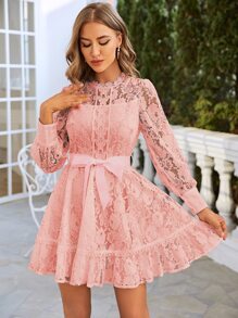 Simplee Vestido mini de mujer elegante y vintage de unicolor con aplicaciones de encaje, cintura ceñida, apto para fiestas, invitados de boda, graduación y vacaciones - Rosa - Ver 1