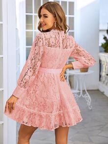 Simplee Vestido mini de mujer elegante y vintage de unicolor con aplicaciones de encaje, cintura ceñida, apto para fiestas, invitados de boda, graduación y vacaciones - Rosa - Ver 2