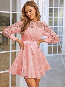 Simplee Vestido mini de mujer elegante y vintage de unicolor con aplicaciones de encaje, cintura ceñida, apto para fiestas, invitados de boda, graduación y vacaciones - Rosa - Ver 3