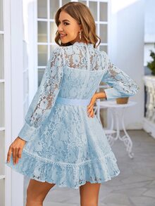 Simplee Váy ngắn thắt eo bằng ren vá màu trơn cổ điển thanh lịch dành cho nữ, thích hợp cho tiệc tùng, khách dự tiệc cưới, tốt nghiệp, kỳ nghỉ - Màu xanh lam - Xem 3