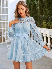 Simplee Váy ngắn thắt eo bằng ren vá màu trơn cổ điển thanh lịch dành cho nữ, thích hợp cho tiệc tùng, khách dự tiệc cưới, tốt nghiệp, kỳ nghỉ - Màu xanh lam - Xem 4