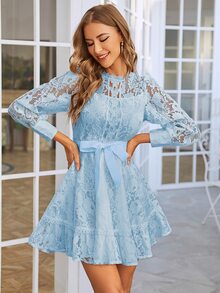 Simplee Váy ngắn thắt eo bằng ren vá màu trơn cổ điển thanh lịch dành cho nữ, thích hợp cho tiệc tùng, khách dự tiệc cưới, tốt nghiệp, kỳ nghỉ - Màu xanh lam - Xem 5