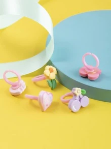 Chicas 5 piezas/set Anillo con diseño de flor & conejo de dibujos animados lindo para para fiesta - Multicolor - Ver 3