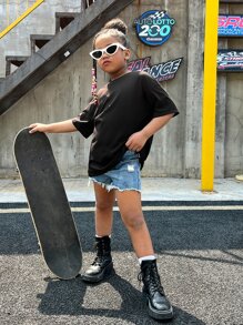 SHEIN Tween Girl Sunflower & Slogan Graphic Drop Shoulder Tee - Black - View 2