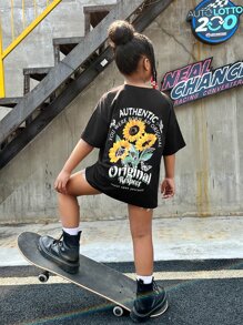 SHEIN Tween Girl Sunflower & Slogan Graphic Drop Shoulder Tee - Black - View 3