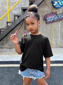 SHEIN Tween Girl Sunflower & Slogan Graphic Drop Shoulder Tee - Black - View 5