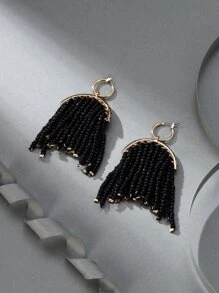 Bead Tassel Drop Earrings - Black - View 1