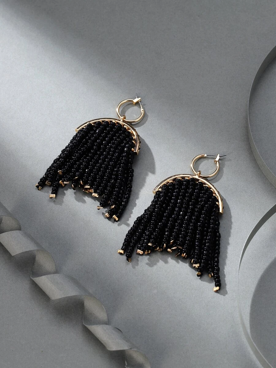 Bead Tassel Drop Earrings - Black - View 1