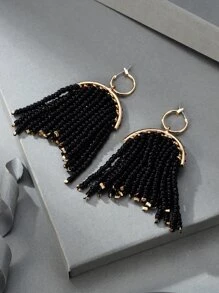Bead Tassel Drop Earrings - Black - View 2
